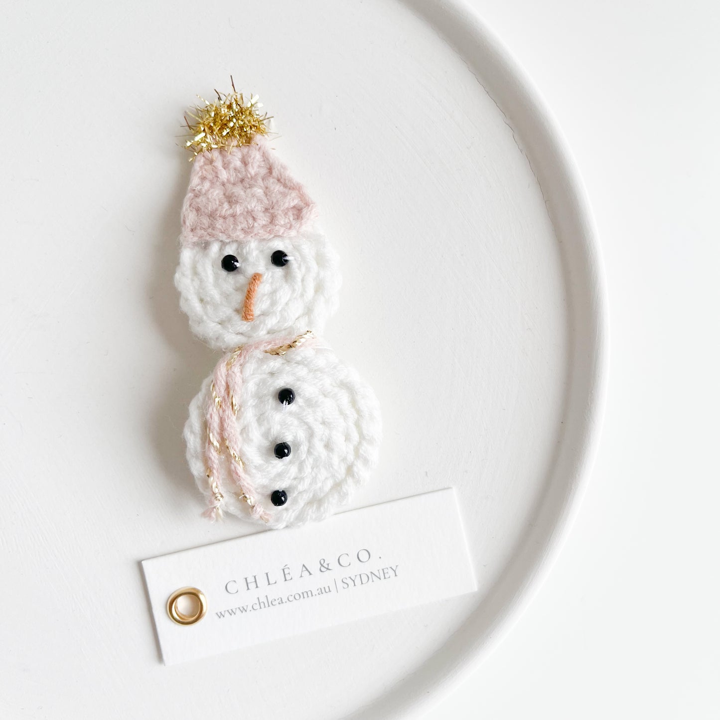 Pink Snowman Crochet Clip