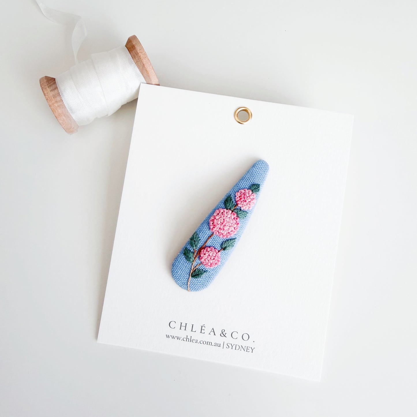 Pink Hydrangea On Blue Linen | Embroidered Teardrop Hair Clip