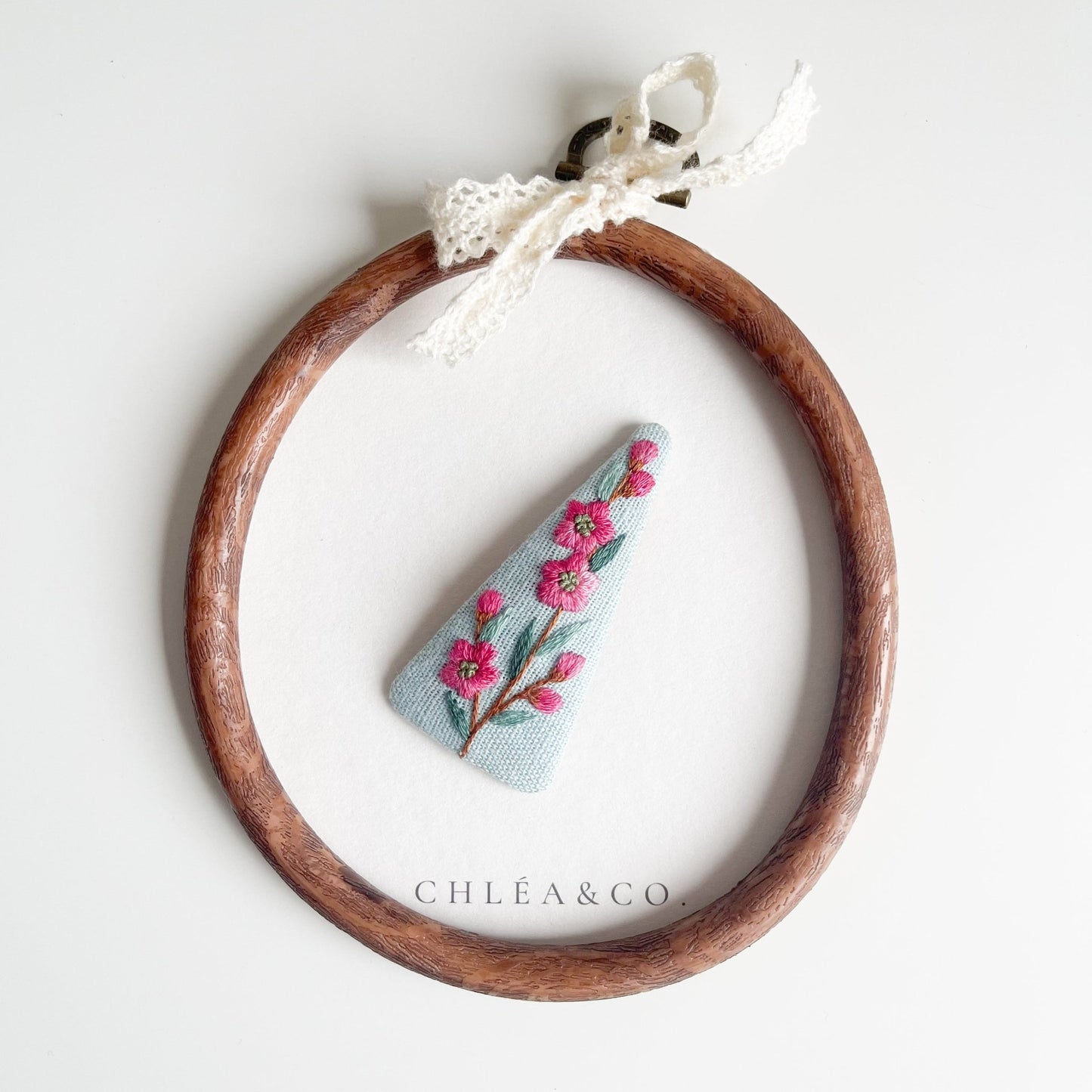 Embroidered Spring Flowers On Blue Linen - Chléa & Co.