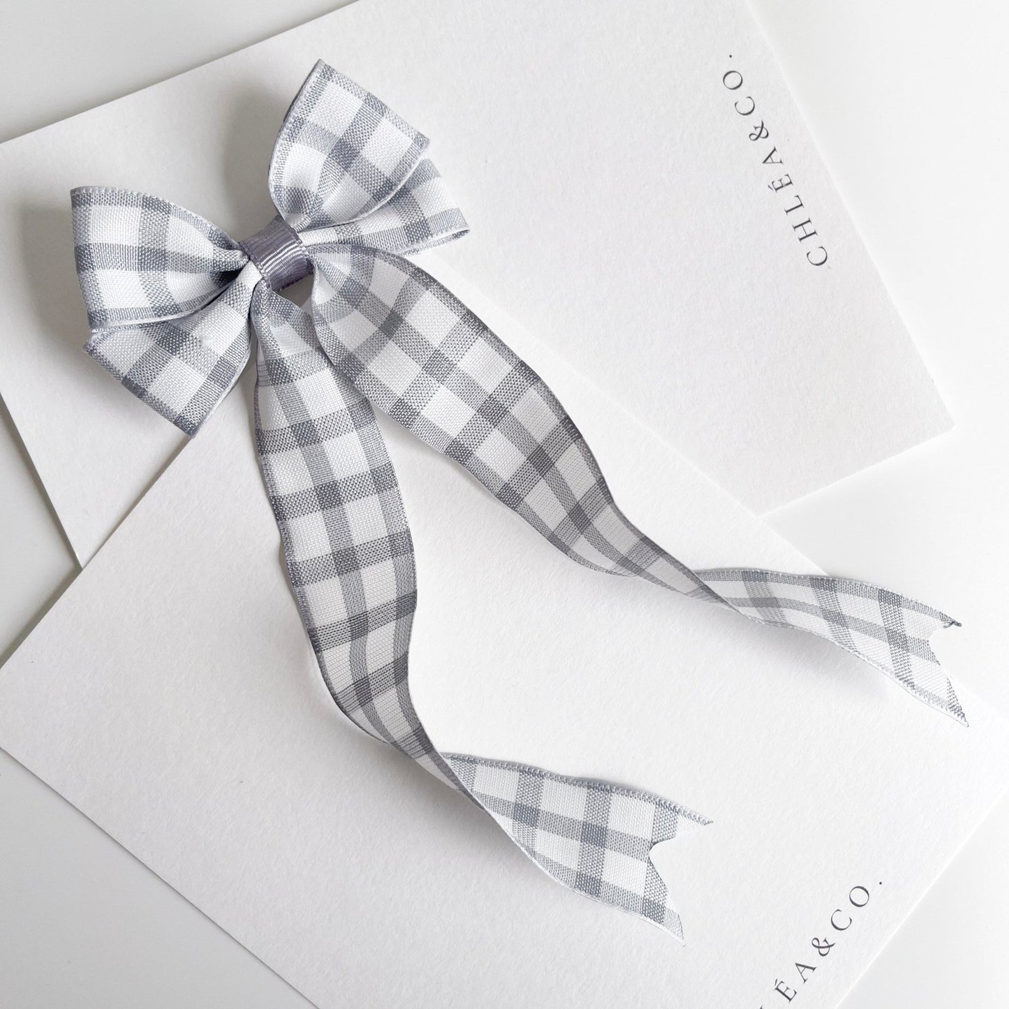 Grey Gingham Long Tail Bow - Chléa & Co.