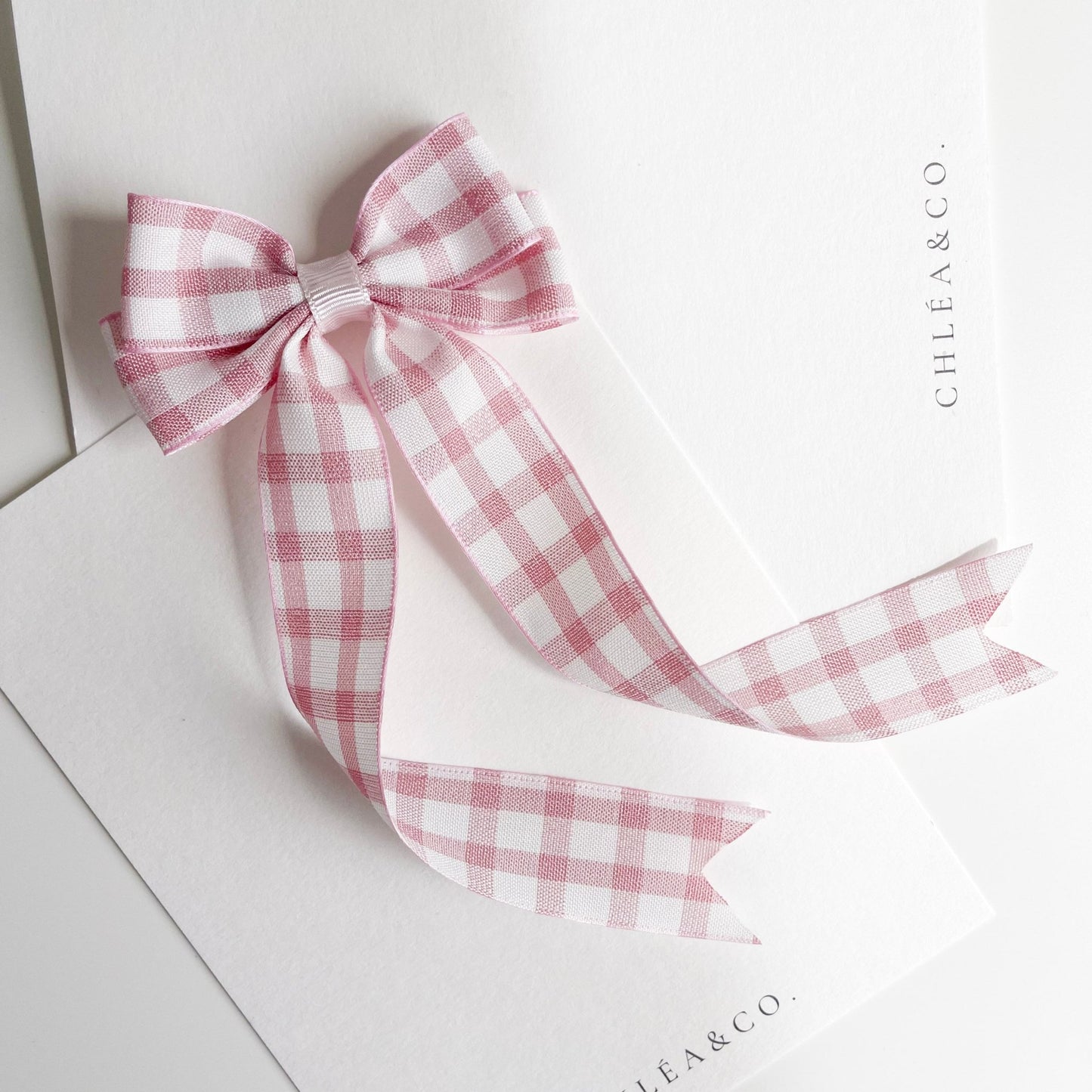 Pink Gingham Long Tail Bow - Chléa & Co.