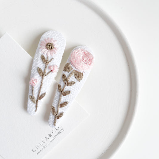 Pastel Rose | Set of 2 Embroidered Floral Hair Clips