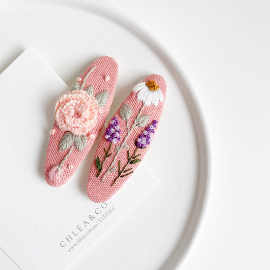 Sweet Pink | Set of 2 Embroidered Floral Hair Clip