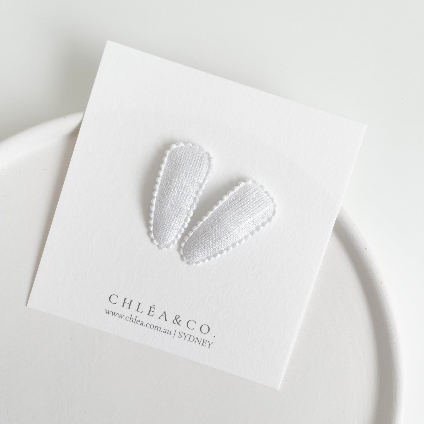 Petite White Linen Fabric Covered Snap Clip