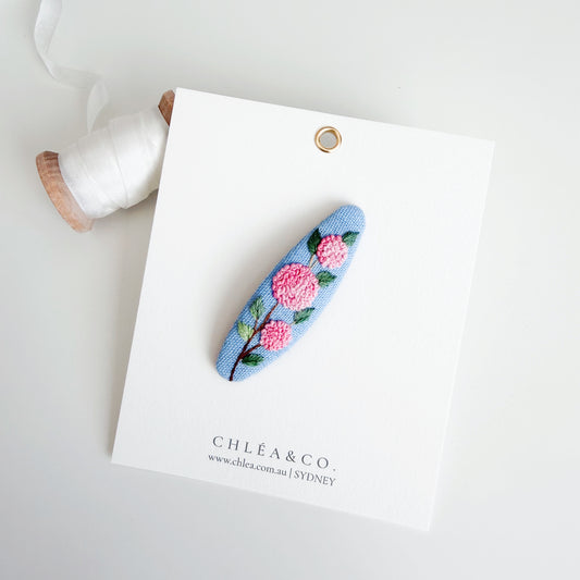 Pink Hydrangea On Blue Linen | Embroidered Oval Hair Clip