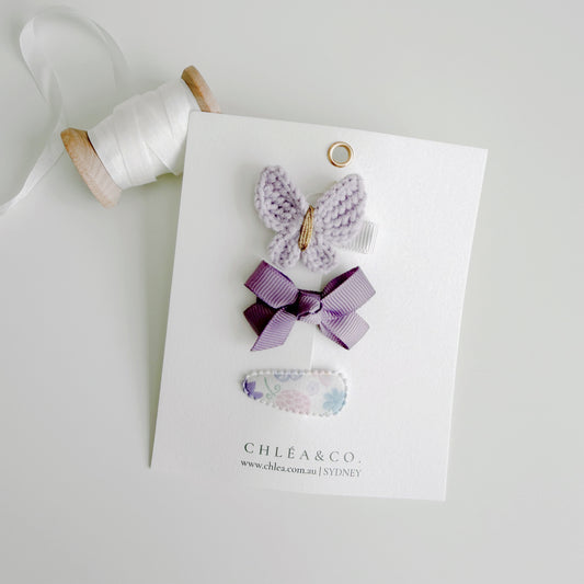 My First Butterfly Bow in Purple | 3pc Mixed Hair Clips