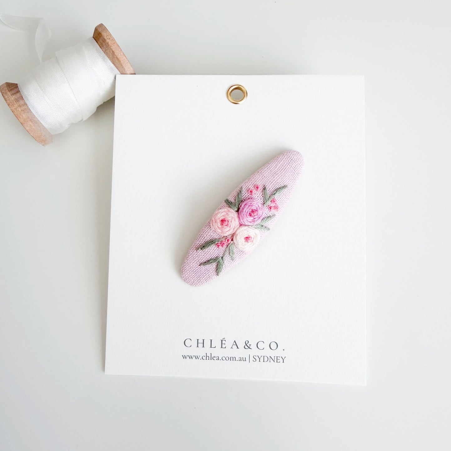 Rose Bouquet On Pink Linen | Embroidered Oval Hair Clip