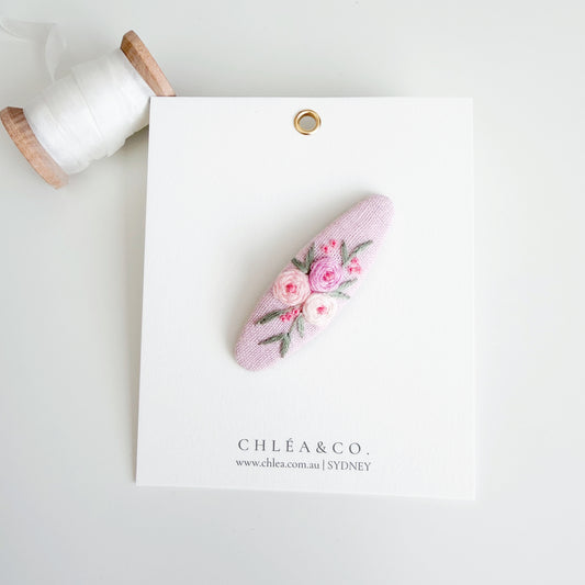 Rose Bouquet On Pink Linen | Embroidered Oval Hair Clip