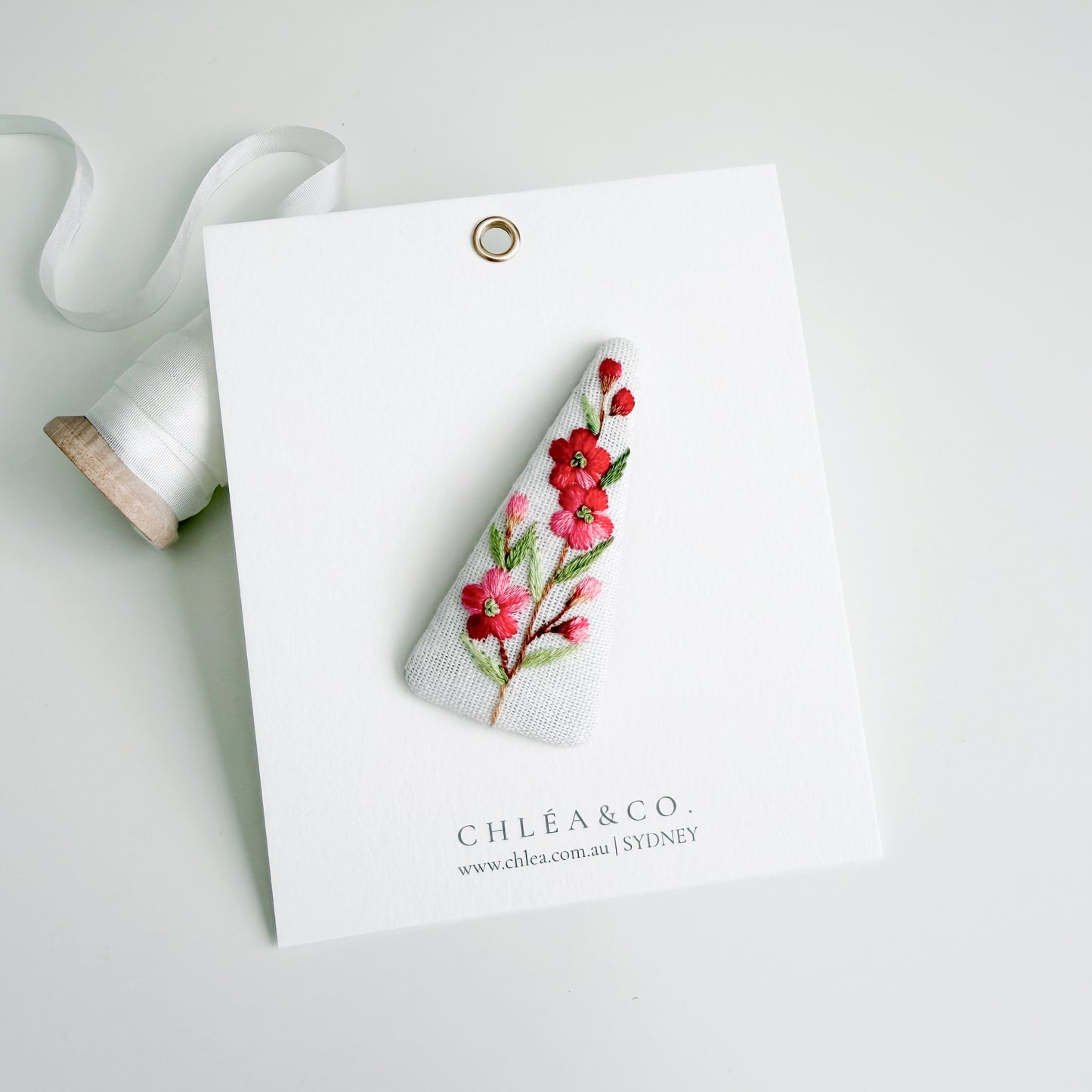 Embroidered Pink Spring Flowers On Grey Linen