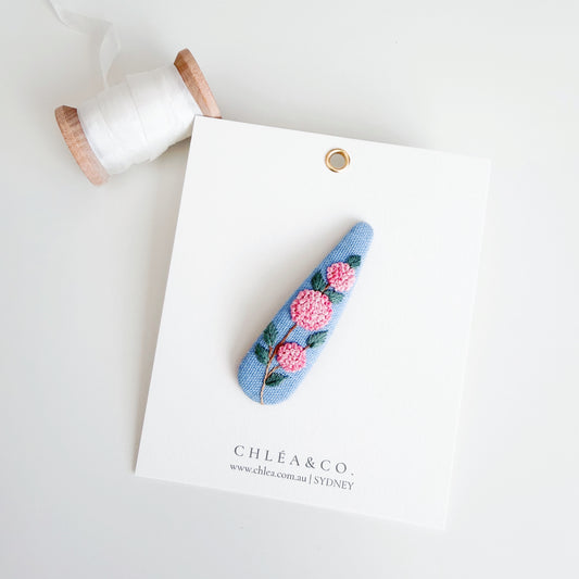 Pink Hydrangea On Blue Linen | Embroidered Teardrop Hair Clip