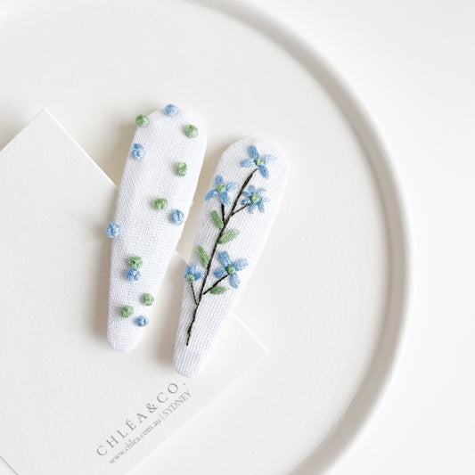 Blue Fleur | Set of 2 Embroidered Floral Hair Clips