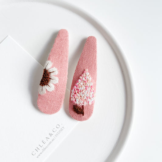 Pink Tree | Set of 2 Embroidered Floral Hair Clip