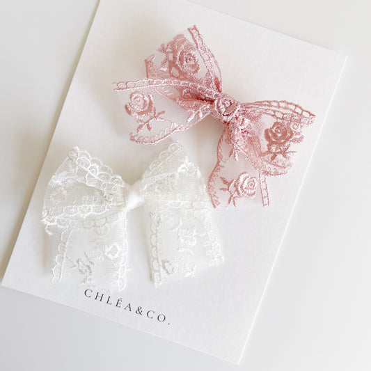 Autumn Lace Bow in white and rose colour. Beautiful hair bow for everyday wear and special occasions such as wedding, flower girl, baptism, christening, birthday outfit and photoshoot. 