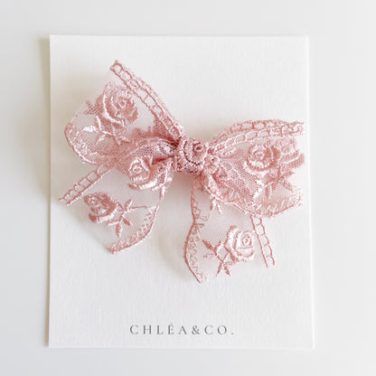 Autumn Lace Bow in rose  colour. Beautiful hair bow for everyday wear and special occasions such as wedding, flower girl, baptism, christening, birthday outfit and photoshoot.