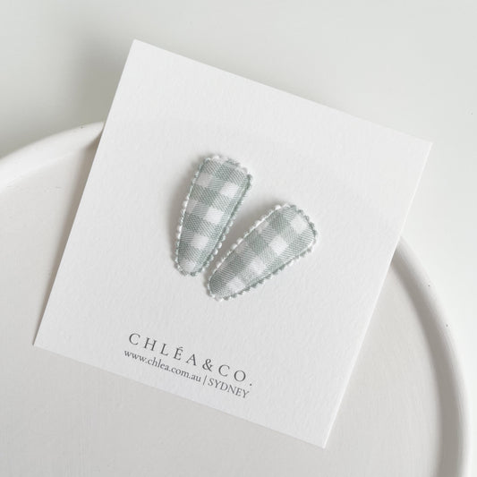 Petite Mint Gingham Fabric Covered Snap Clip
