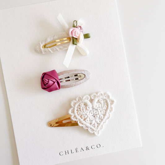 Bellerose set of 3 snap clips. Beautiful hair bow for everyday wear and special occasions such as wedding, flower girl, baptism, christening, birthday outfit and photoshoot. 
