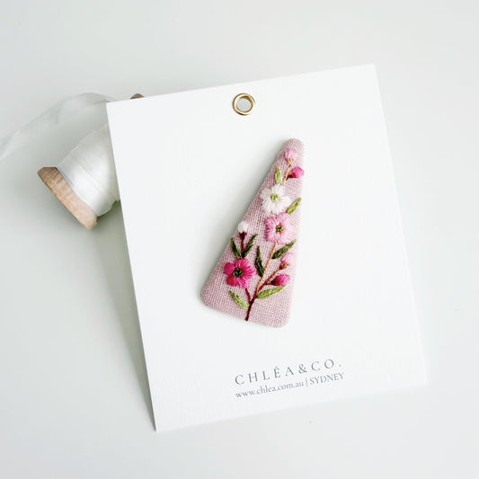 Embroidered Spring Flowers On Pink Linen