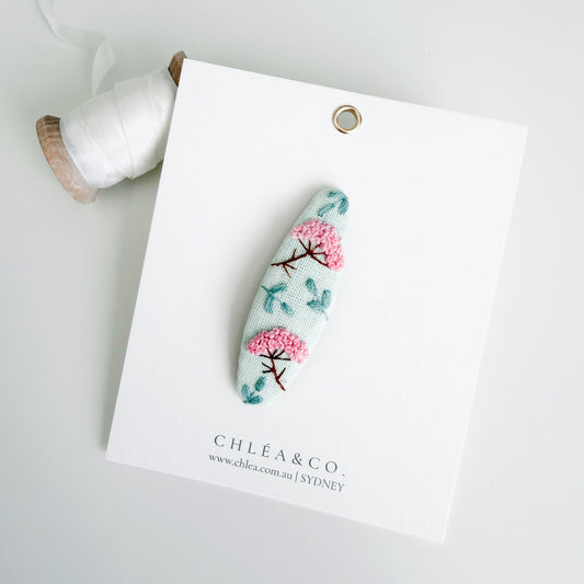Pink Hydrangea On Mint Linen | Embroidered Oval Hair Clip