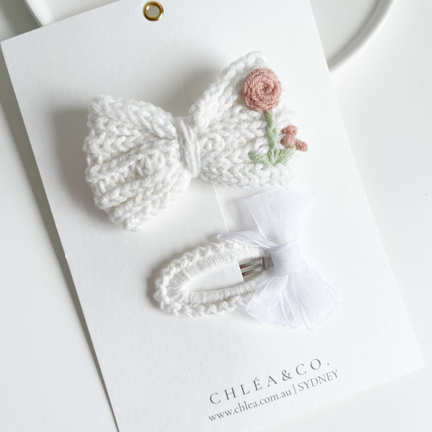 Rose On White Crochet Clip Set