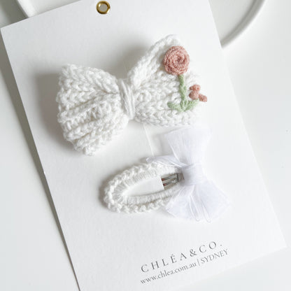 Rose On White Crochet Clip Set