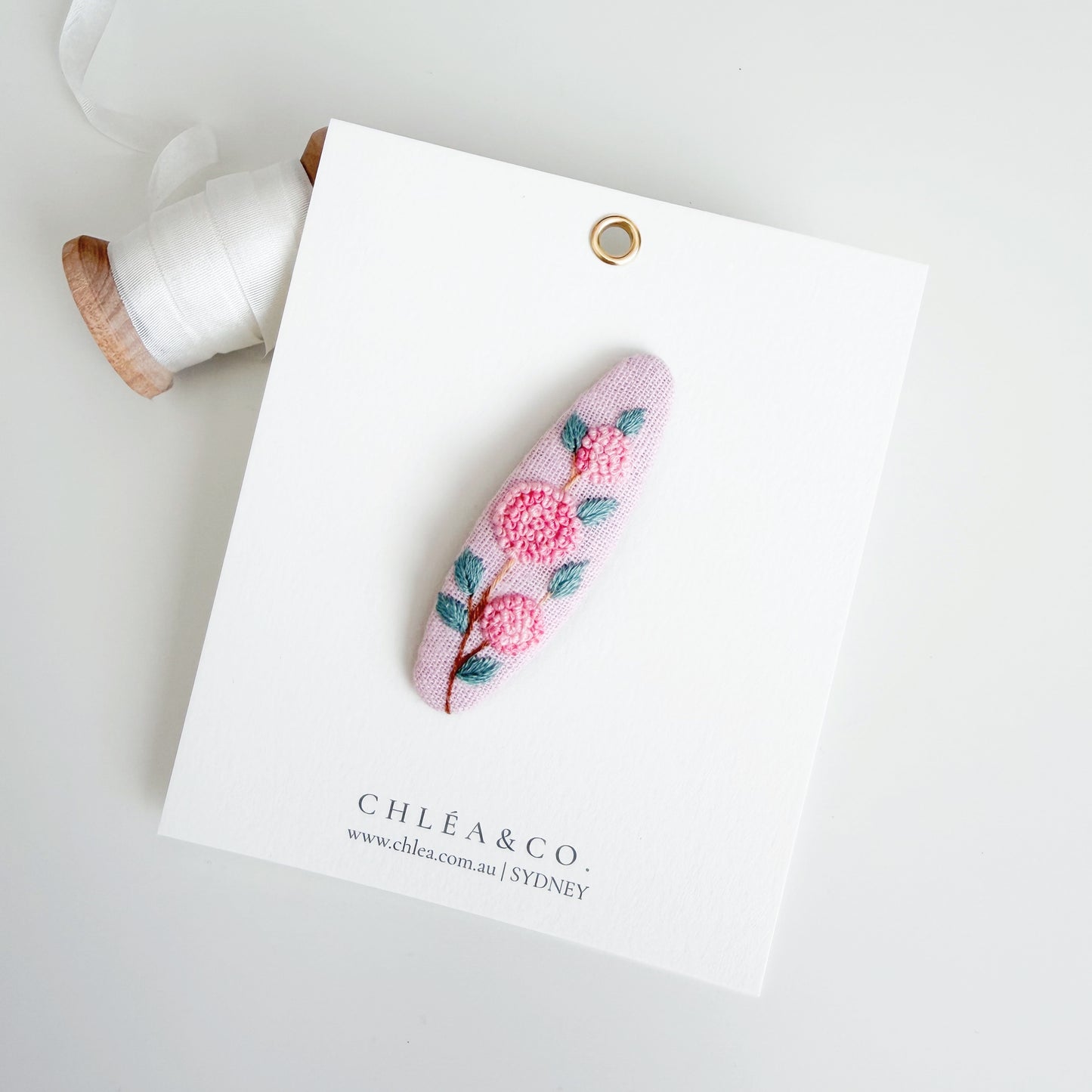 Pink Hydrangea | Embroidered Oval Hair Clip