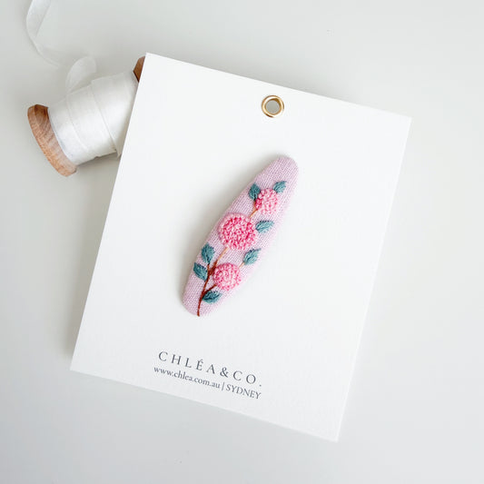 Pink Hydrangea | Embroidered Oval Hair Clip