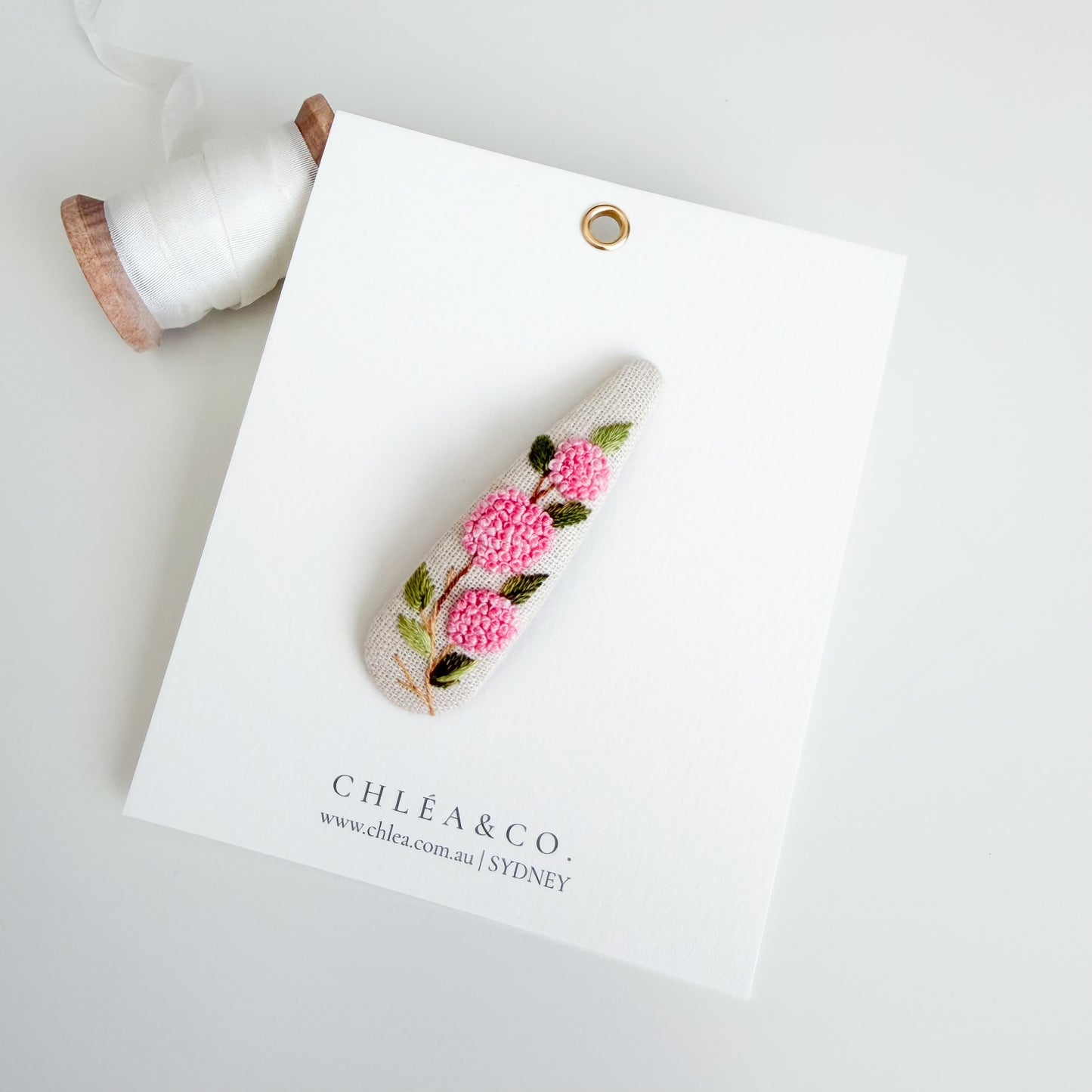 Pink Hydrangea | Embroidered Teardrop Hair Clip