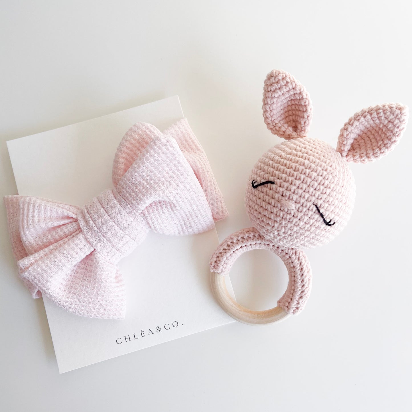 Pink Bunny Rattle & Waffle Bow Headband Set