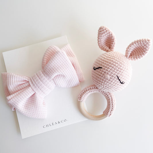Pink Bunny Rattle & Waffle Bow Headband Set