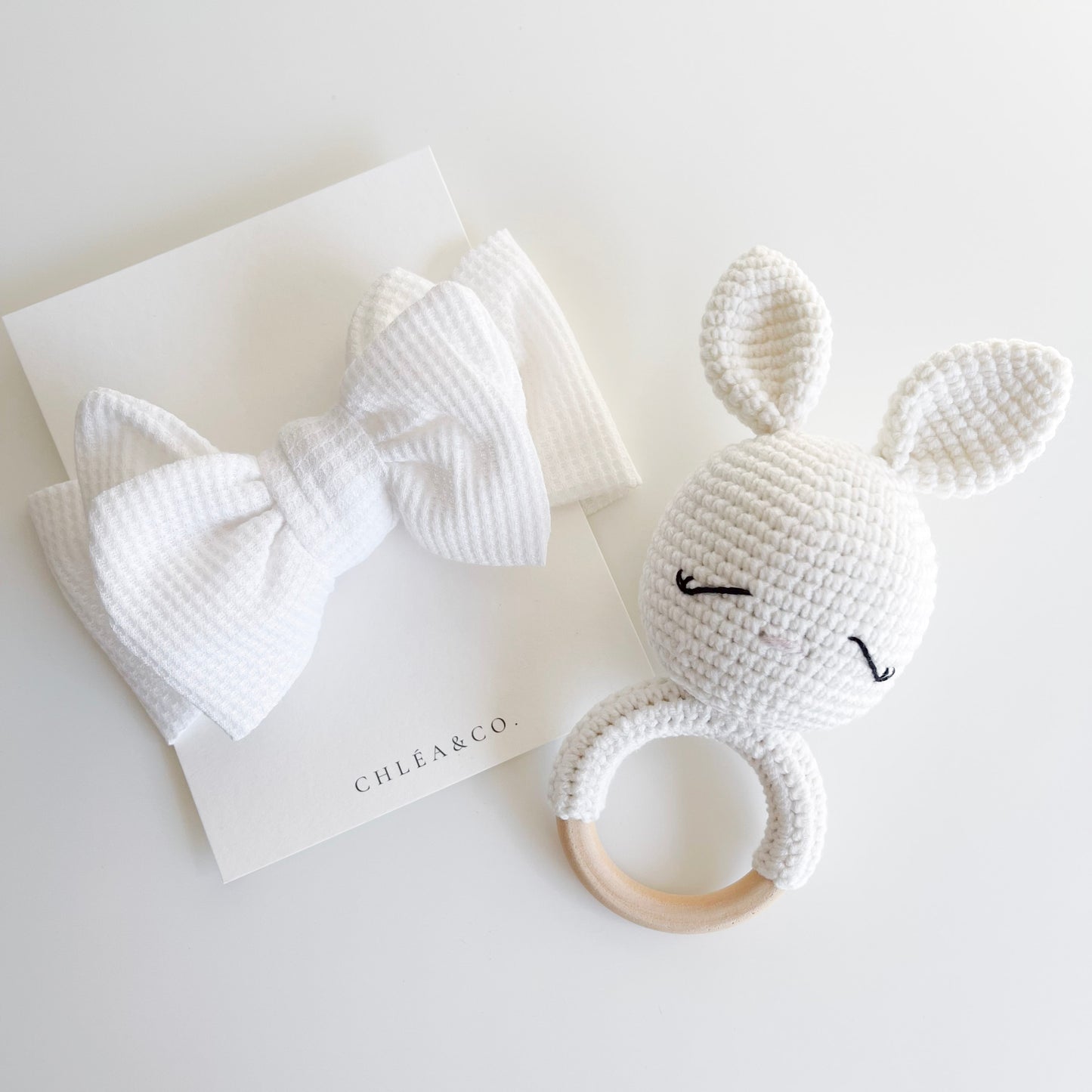 White Bunny Rattle & Waffle Bow Headband Set