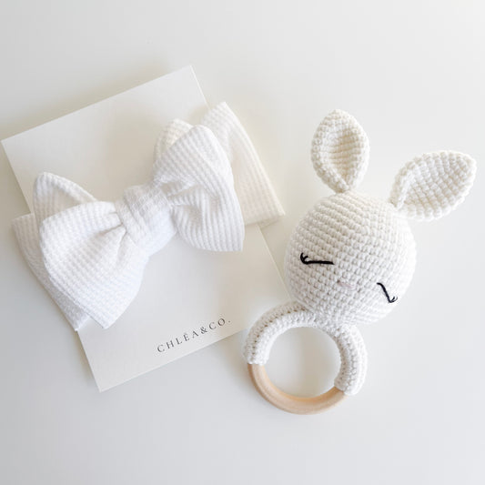 White Bunny Rattle & Waffle Bow Headband Set