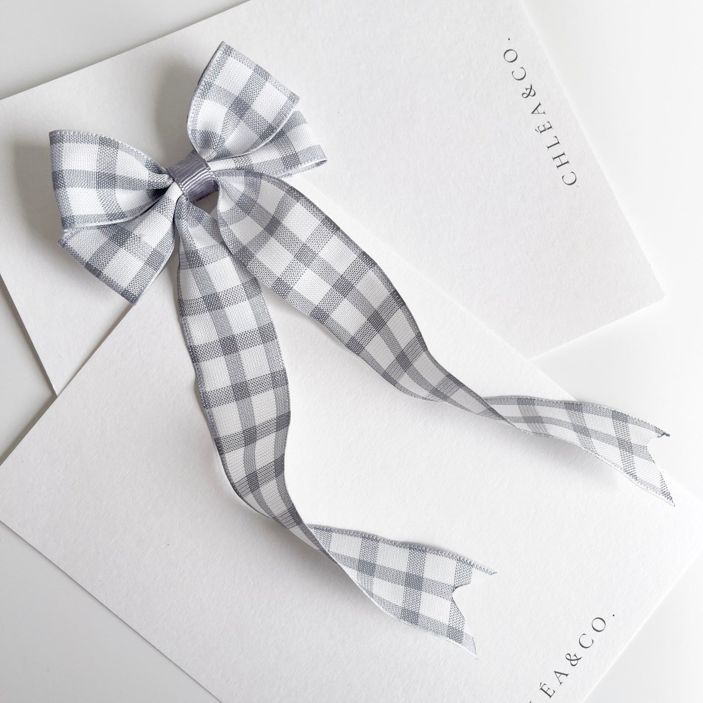 Grey Gingham Long Tail Bow