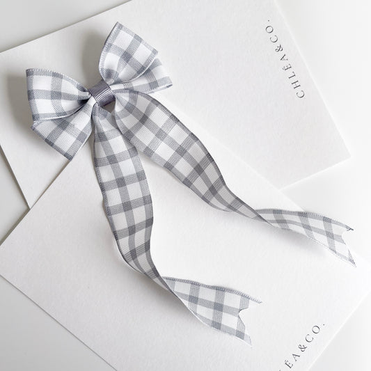 Grey Gingham Long Tail Bow