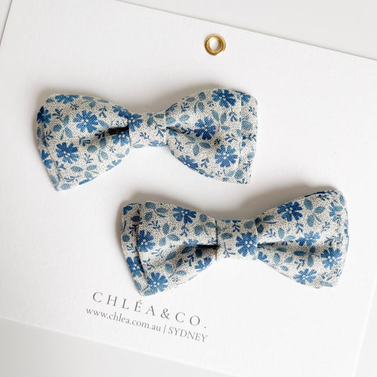 Vintage Blue Floral Pigtail Bow Set