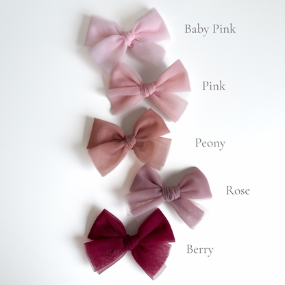 Tulle hair bow clip available in 23 colours. Beautiful hair bow for everyday wear and special occasions such as wedding, flower girl, baptism, christening, birthday outfit and photoshoot.
