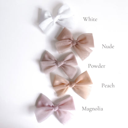 Tulle hair bow clip available in 23 colours. Beautiful hair bow for everyday wear and special occasions such as wedding, flower girl, baptism, christening, birthday outfit and photoshoot.