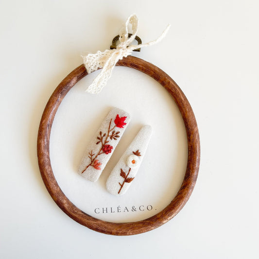 Autumn Leaf | Set of 2 Embroidered Floral Hair Clip - Chléa & Co.