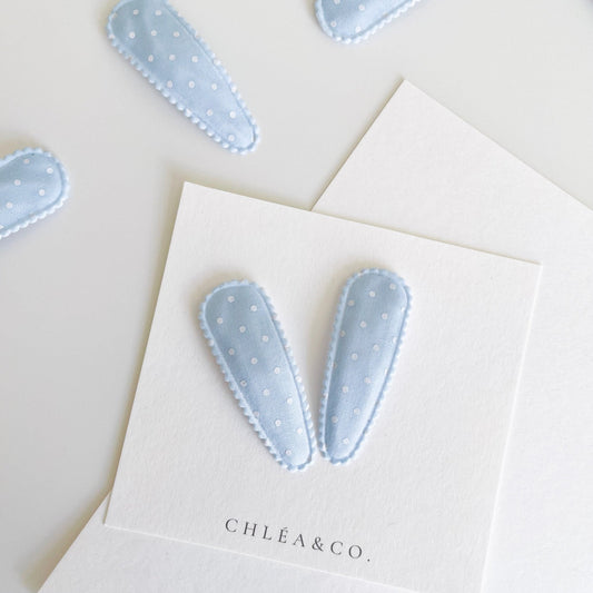 Ava Blue Fabric Covered Snap Clip - Chléa & Co.
