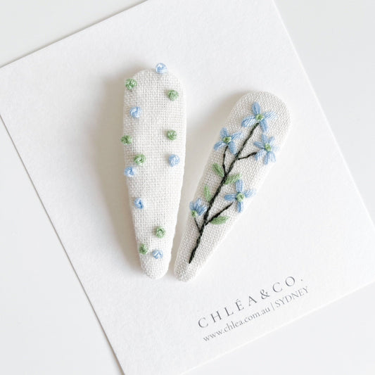 Blue Fleur | Set of 2 Embroidered Floral Hair Clips - Chléa & Co.