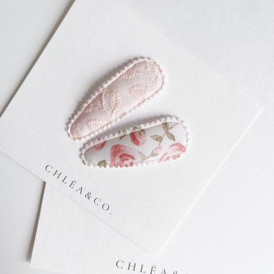 Blush Garden Rose & Apricot Fabric Covered Snap Clip - Chléa & Co.
