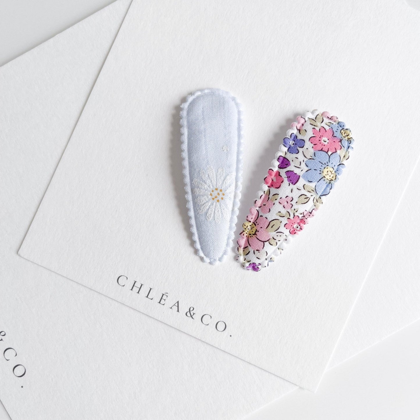 Dainty Blue Garden & Daisy Fabric Covered Snap Clip - Chléa & Co.