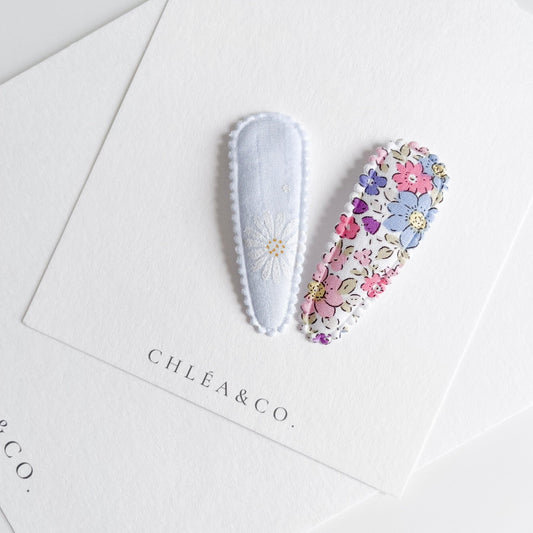 Dainty Blue Garden & Daisy Fabric Covered Snap Clip - Chléa & Co.