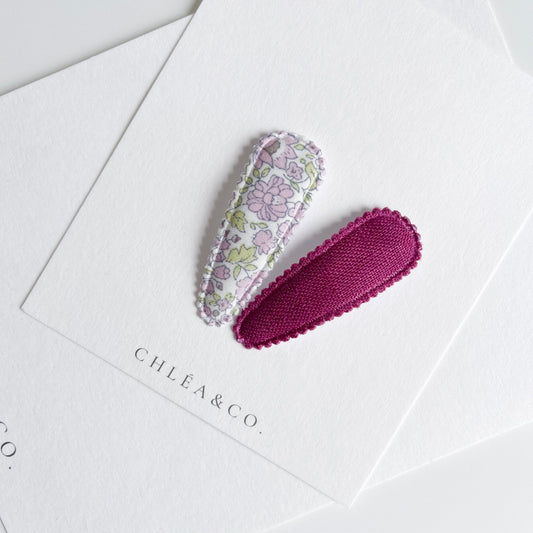 Dainty Lilac Garden & Rosalia Fabric Covered Snap Clip - Chléa & Co.