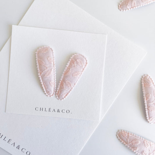 Embroidered Apricot Fabric Covered Snap Clip - Chléa & Co.