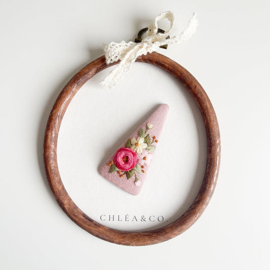 Embroidered Rose On Pink Linen - Chléa & Co.