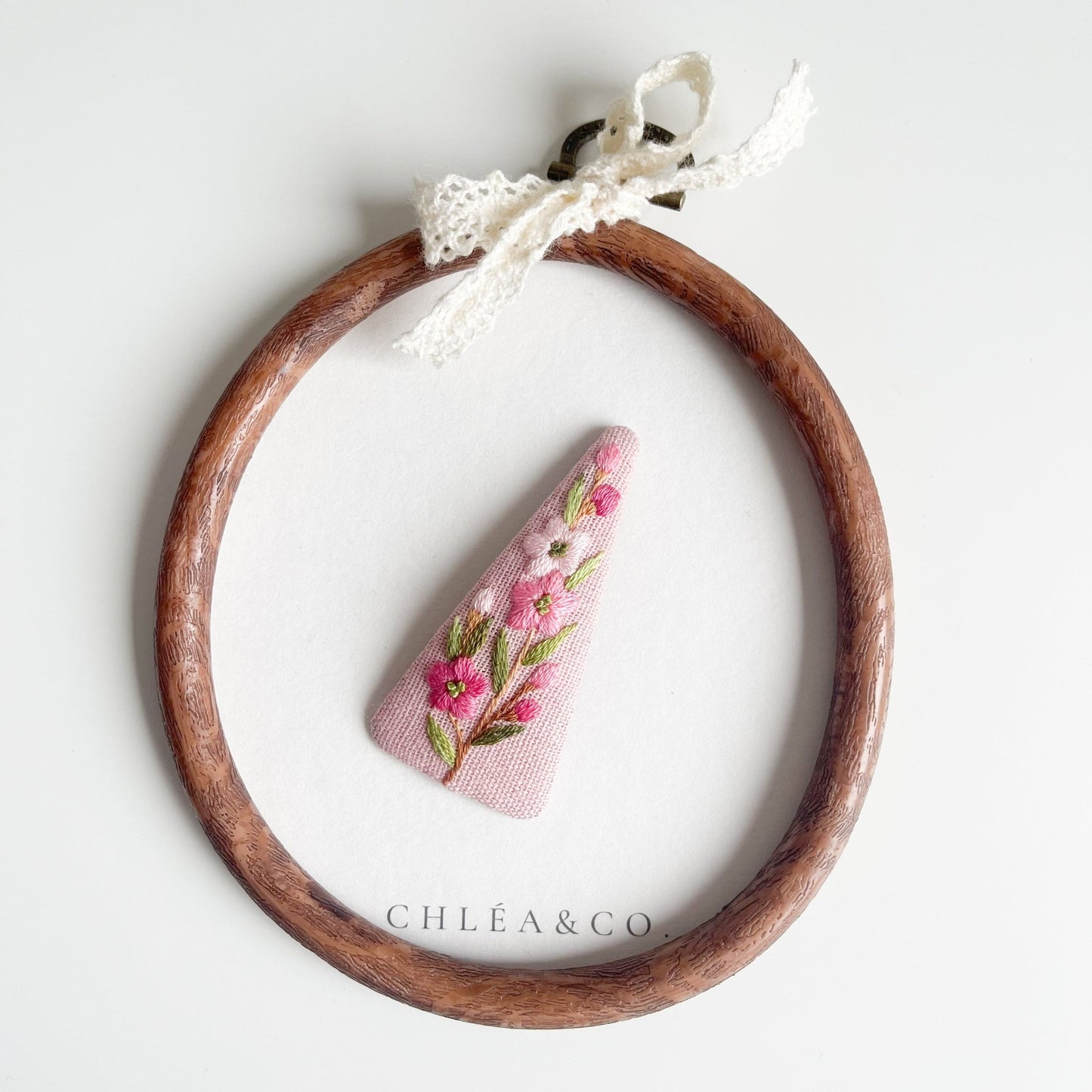 Embroidered Spring Flowers On Pink Linen - Chléa & Co.