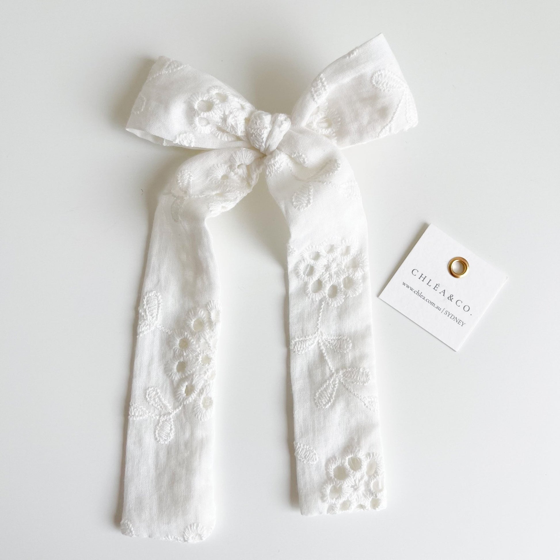 Floral White Long Tail Bow - Chléa & Co.