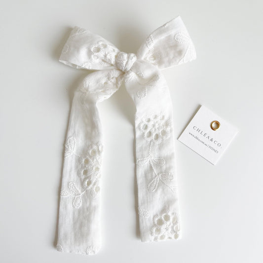 Floral White Long Tail Bow - Chléa & Co.