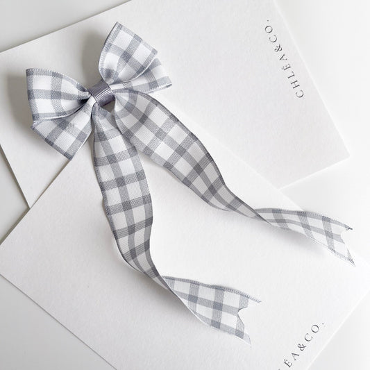 Grey Gingham Long Tail Bow - Chléa & Co.