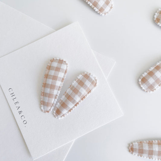 Hazelnut Gingham Fabric Covered Snap Clip - Chléa & Co.